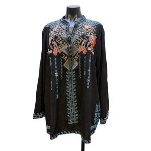 NWT Laura Klein Black Embroidered Tunic Top 3X Geometric & Floral Design Long Sl